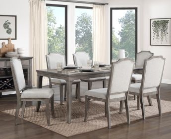 Classic Kitchen Dining 7pc Set Extendable Table and 6 Side Chairs Chenille Fabric Upholstered Brown Gray Finish Wooden Furniture